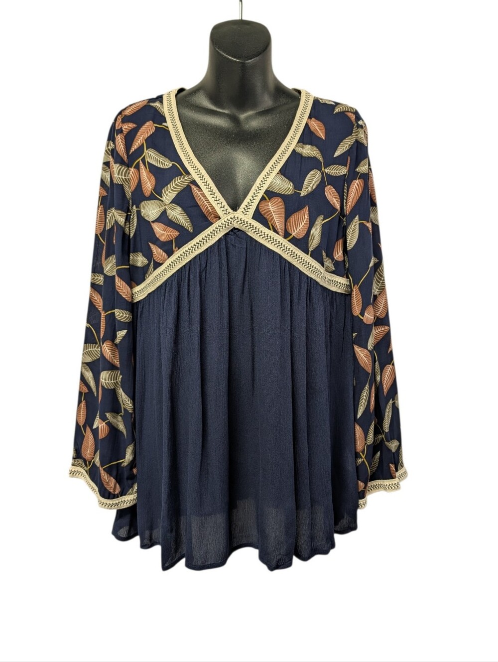 Cozy Casual Womens Blue Floral V-Neck Long Sleeve Tunic Blouse Rayon Size M